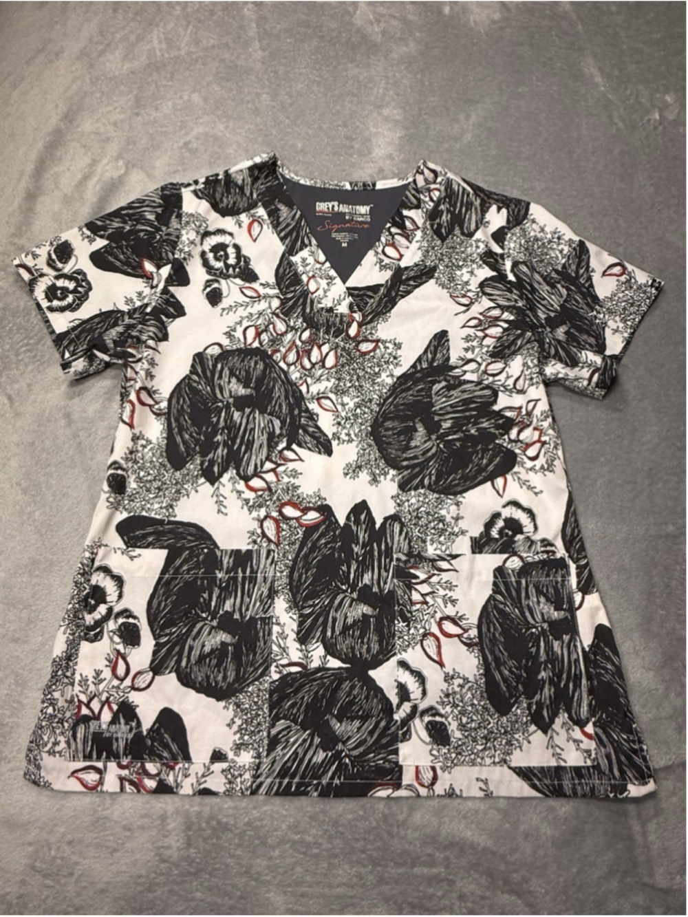 Greys Anatomy Black Floral Printed Top Soft Medical Scrub with Pockets Womens XS